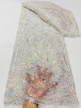 Африканска бродирани мъниста Френска Лейси плат За Сватбена рокля 2023 Висококачествен Тюл С пайети, Мрежест Материал за Шиене, Кристални мъниста ръчна изработка