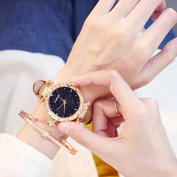 Дамски кварцов часовник Mantianxing, изкуствена лента, диамантена гривна, комплект, кутия, Модни Фини кварцови часовници за жени