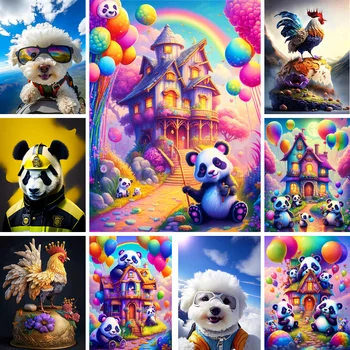 Дъгова панда, Къща, боята по номера, 40x50, Комплект за бродерия по поръчка, за възрастни, Стенно изкуство, персонални идеи за подаръци, Безплатна доставка, 2023 г.