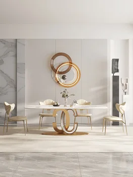 Луксозна маса от ярка плоча за малък апартамент, модерен минималистичен дизайн на правоъгълна маса за хранене висок клас на шест