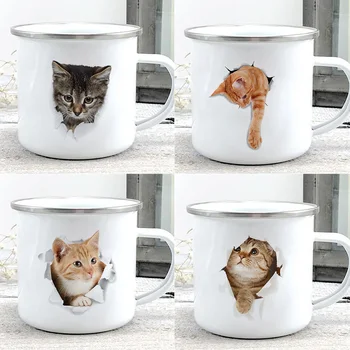 Творчески Кафе Чаени Чаши с емайл под формата на Котка с 3D-принтом, Домашно приготвена Закуска, Десерт, Млечни Овесени чаша с дръжка, Чаша за вода, подарък за влюбени котки
